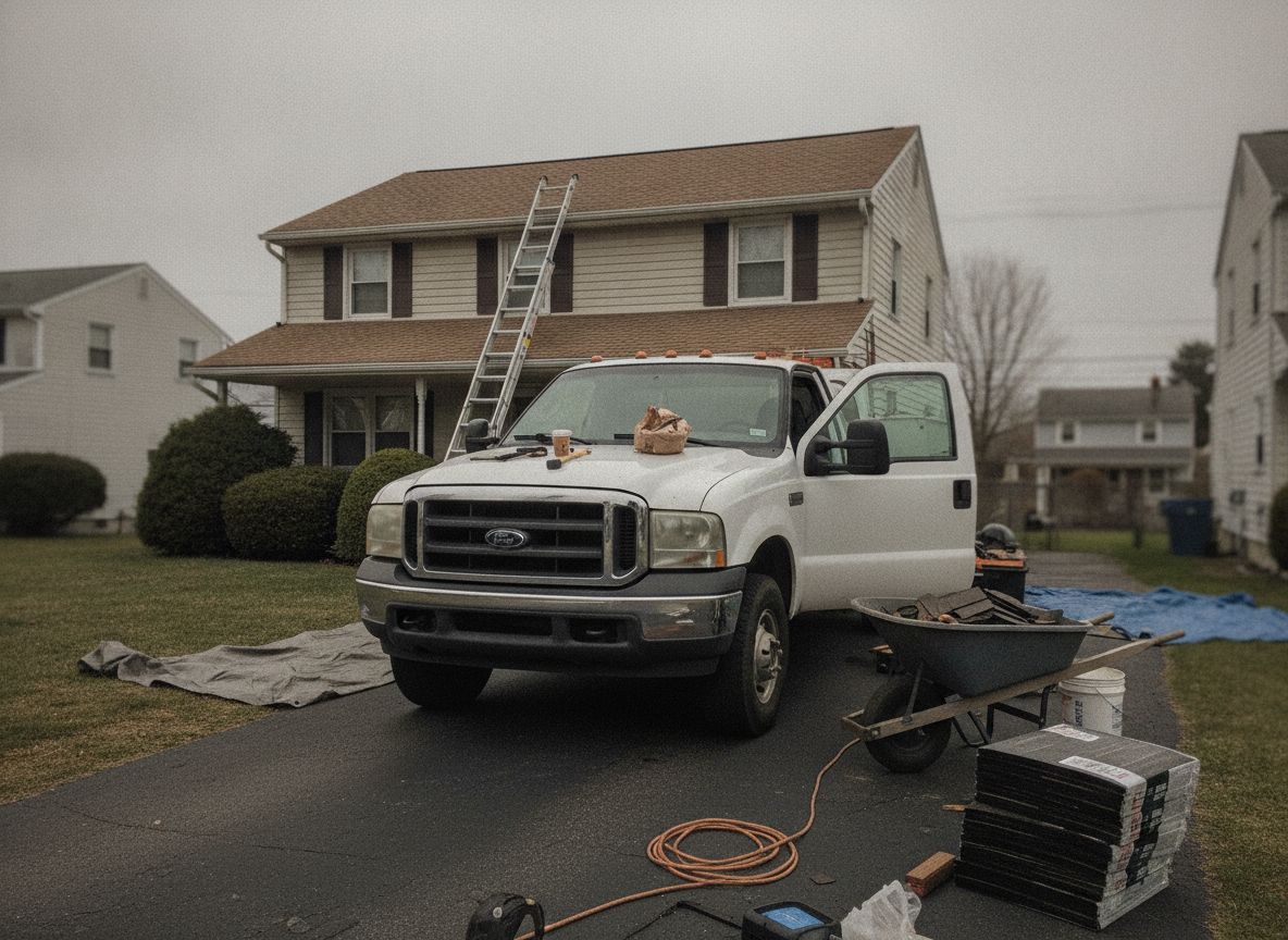 Job site with work truck and roofing materials